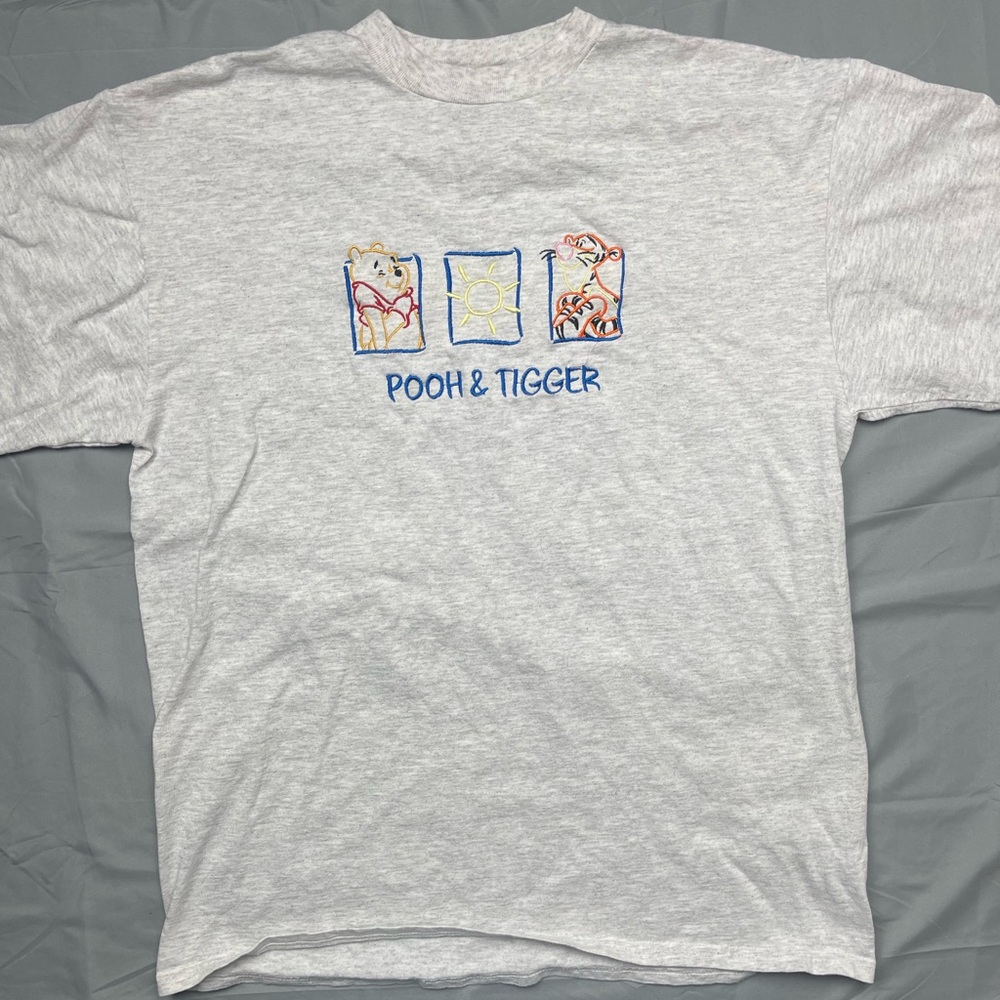 Vintage Disney Pooh & Tigger Embroidered Graphic Tee XL Gray Jerry Leigh